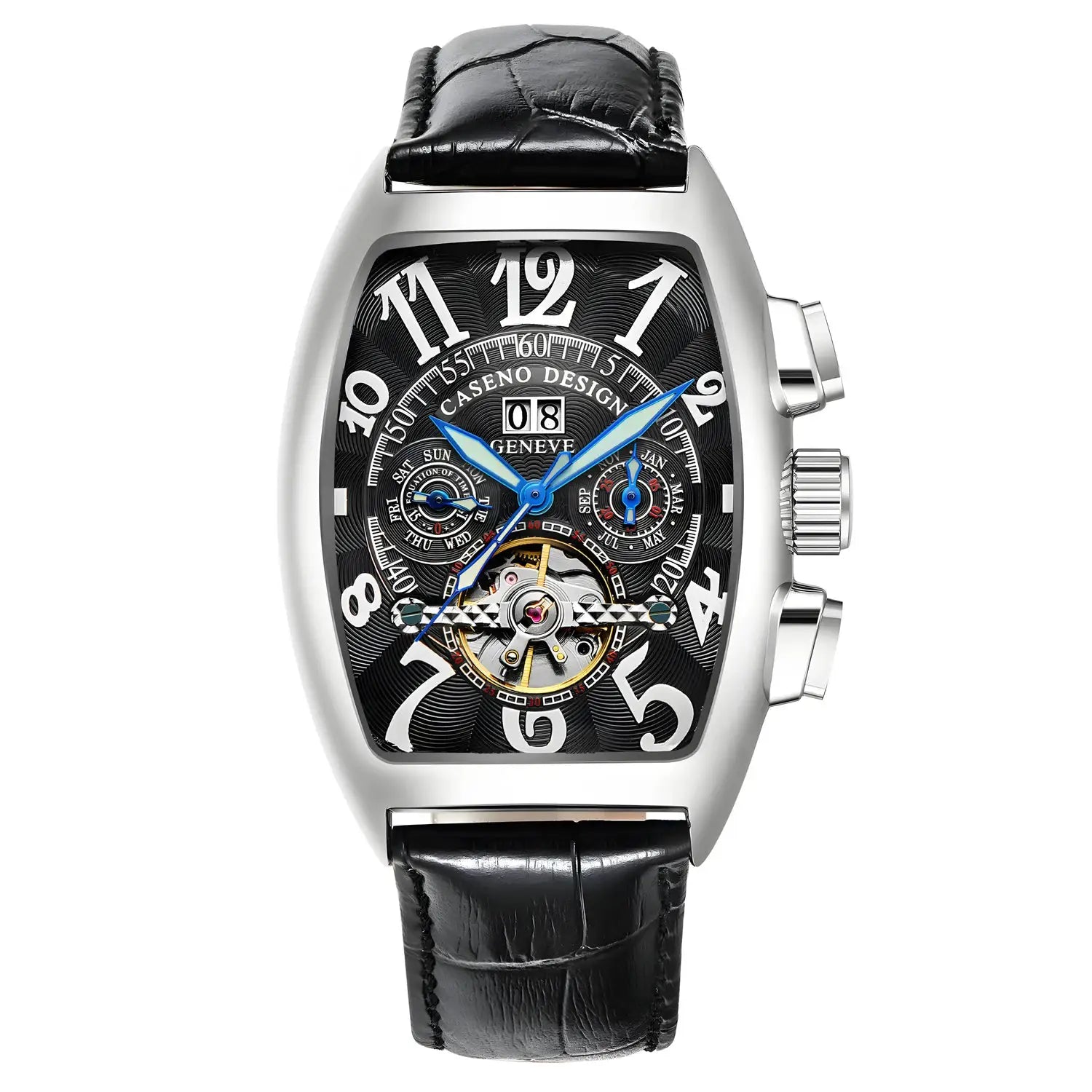 Caseno men's skeleton tourbillon watch with silver-toned tonneau case, blue luminous hands, black leather strap, calendar
