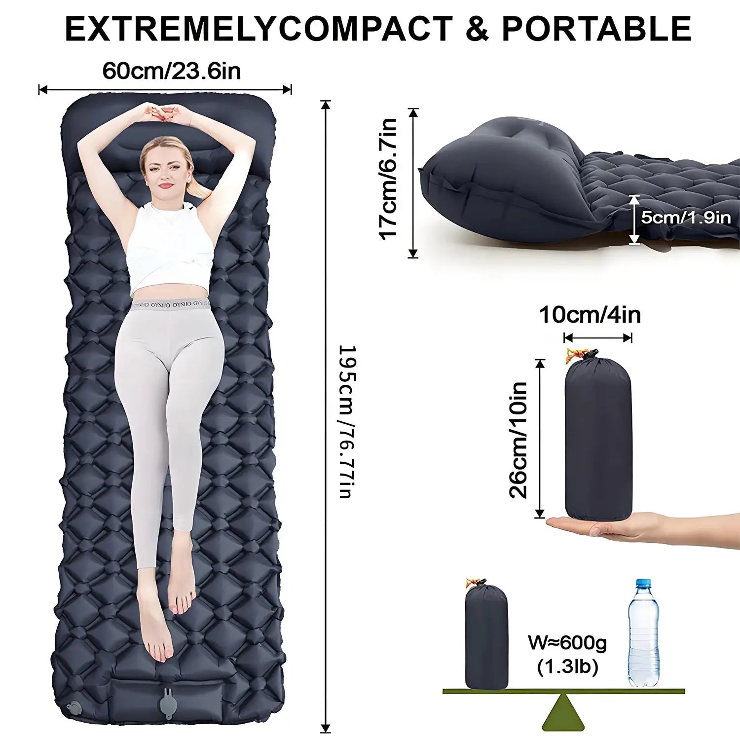 Simples Market inflatable camping sleeping pad, ultralight black quilted air mattress for hiking and travel (195x60 cm).