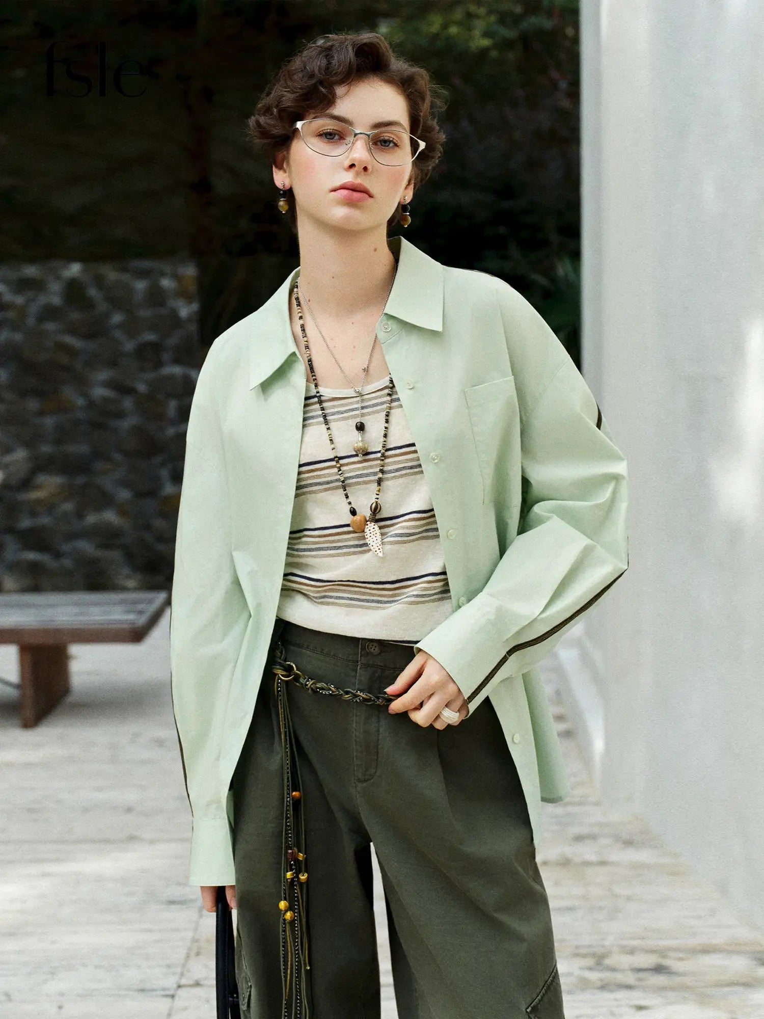 FSLE Premium Series women's oversized cotton shirt by Simples Market, mint green with long sleeves and web strap detail