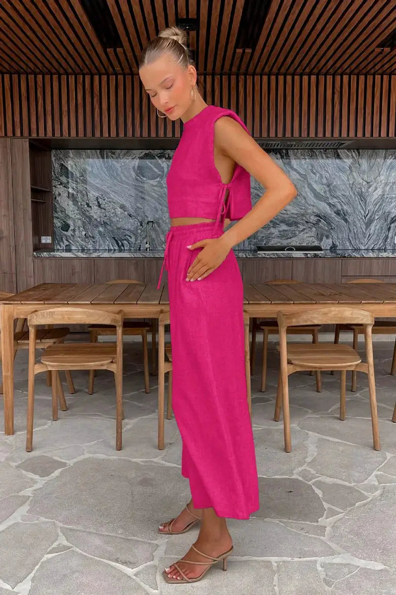 Linen Two Piece Pant Set With Crop Top For Women Spring Summer 2025