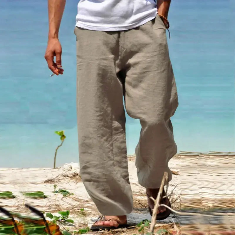 Men's loose beige cotton-linen pants with drawstring, breathable long jogger pants