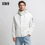 Semir down jacket for men, white mid-length hooded, SEM/R logo, rainproof and windproof.