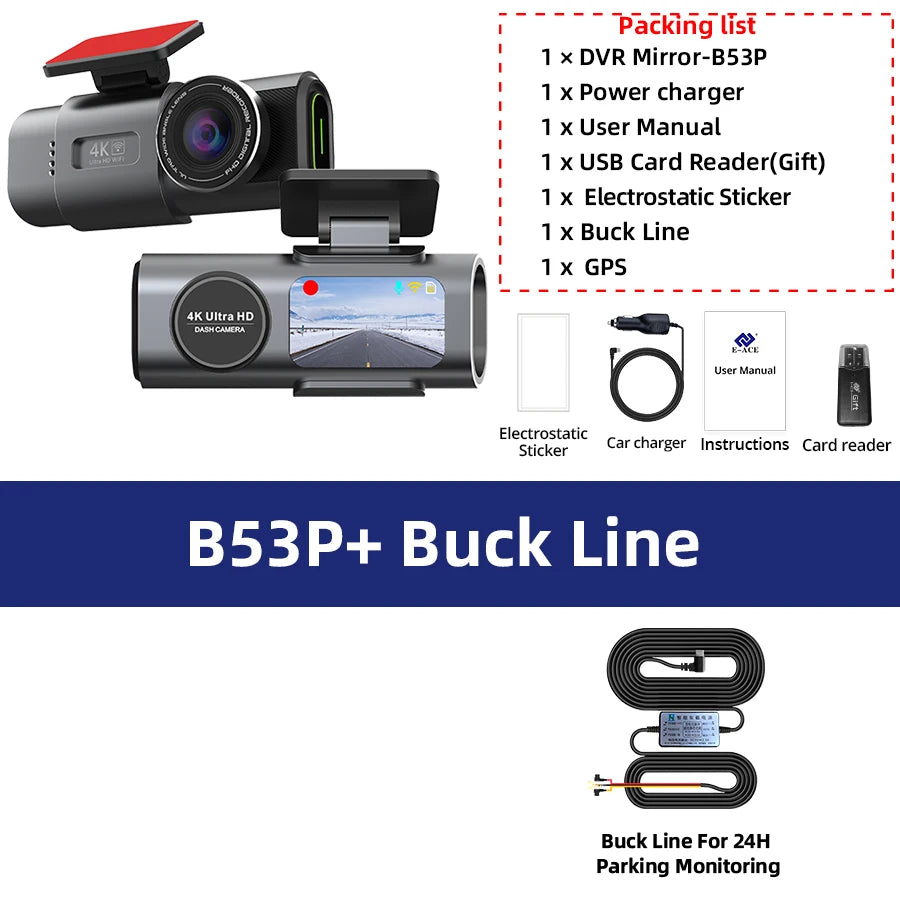 Simples Market Dash Cam 4K GPS WiFi with rear lens, black car DVR set (2 cameras)