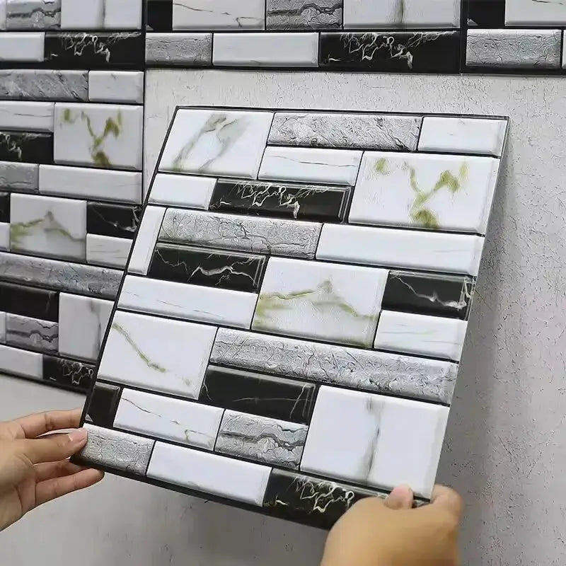 Self-adhesive tile wall sticker sheet by Simples Market; 5/10pcs, 3D PVC marble pattern in white/black/gray