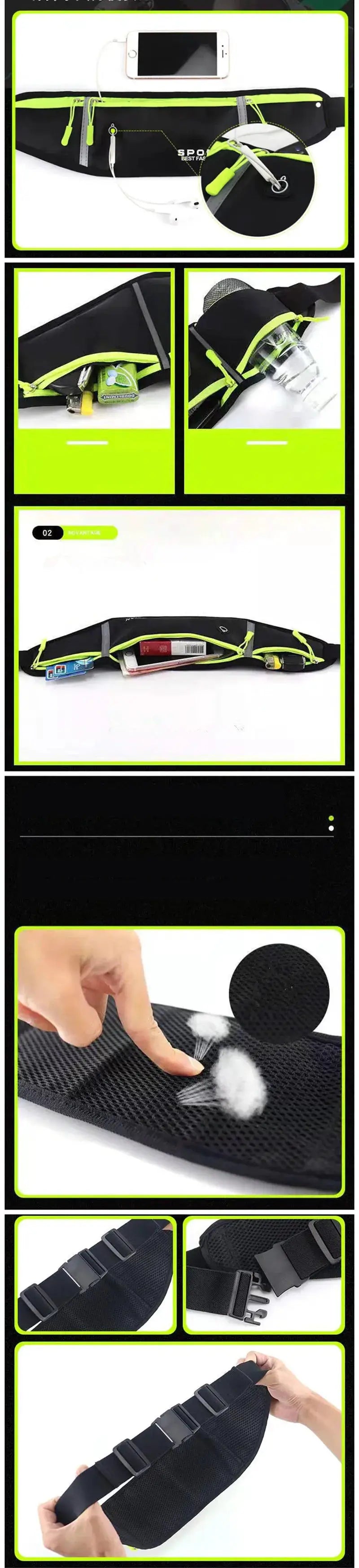 Fanny pack waist bag for running, black with neon lime zippers, lightweight waterproof breathable phone pouch