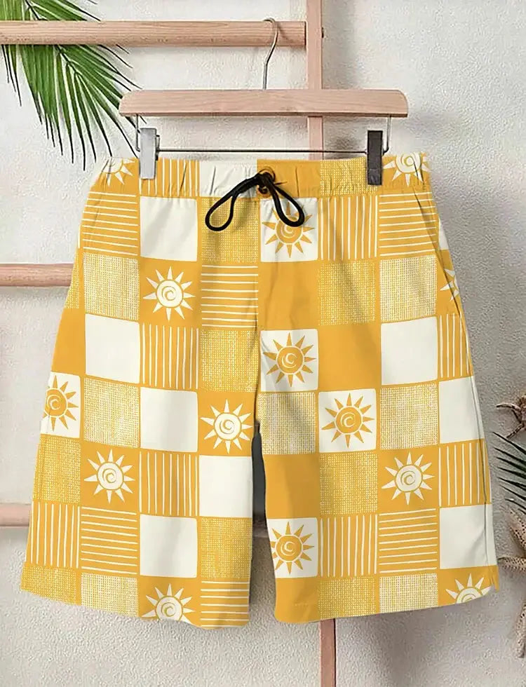 Men's yellow and white checkered swim shorts with sun icons and a drawstring