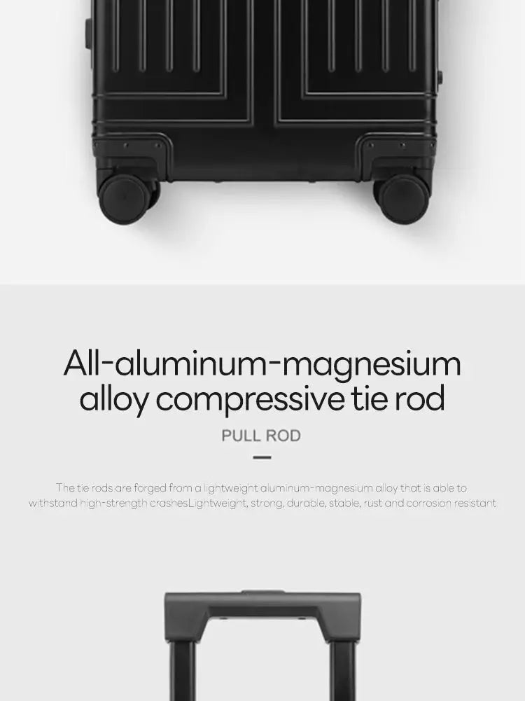 Black travel suitcase made from aluminum-magnesium alloy with wheels and pull rod handle