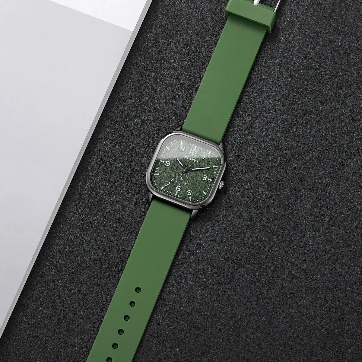 Watch IRLANDY square quartz with green silicone strap and green dial