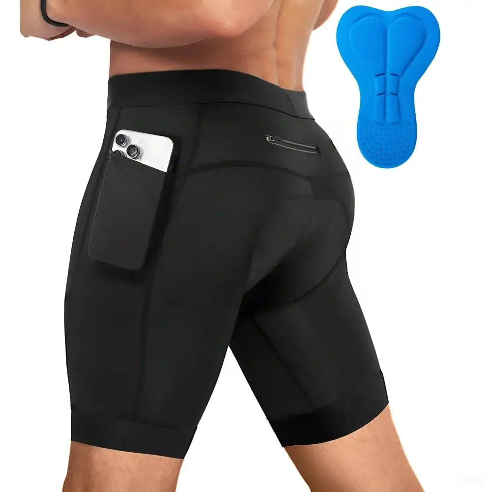 Men's black performance cycling shorts with 3D pad, quick-dry breathable fabric and three pockets.
