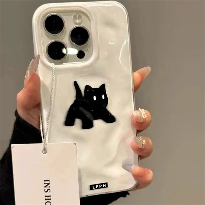 LFPH white clear shockproof phone case featuring a black fuzzy cat patch for iPhone with triple camera cutout