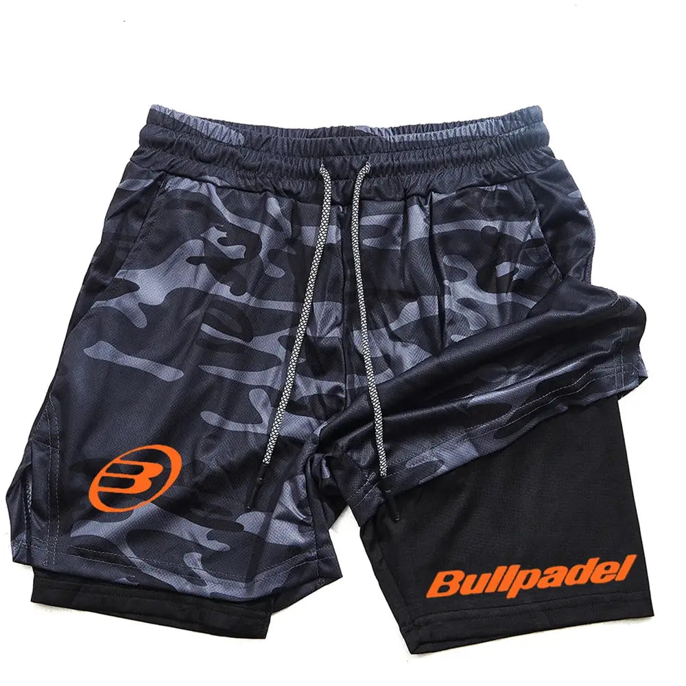 Berserk men's 2-in-1 sports shorts with gray camouflage print, black panel, and orange Bullpadel logo