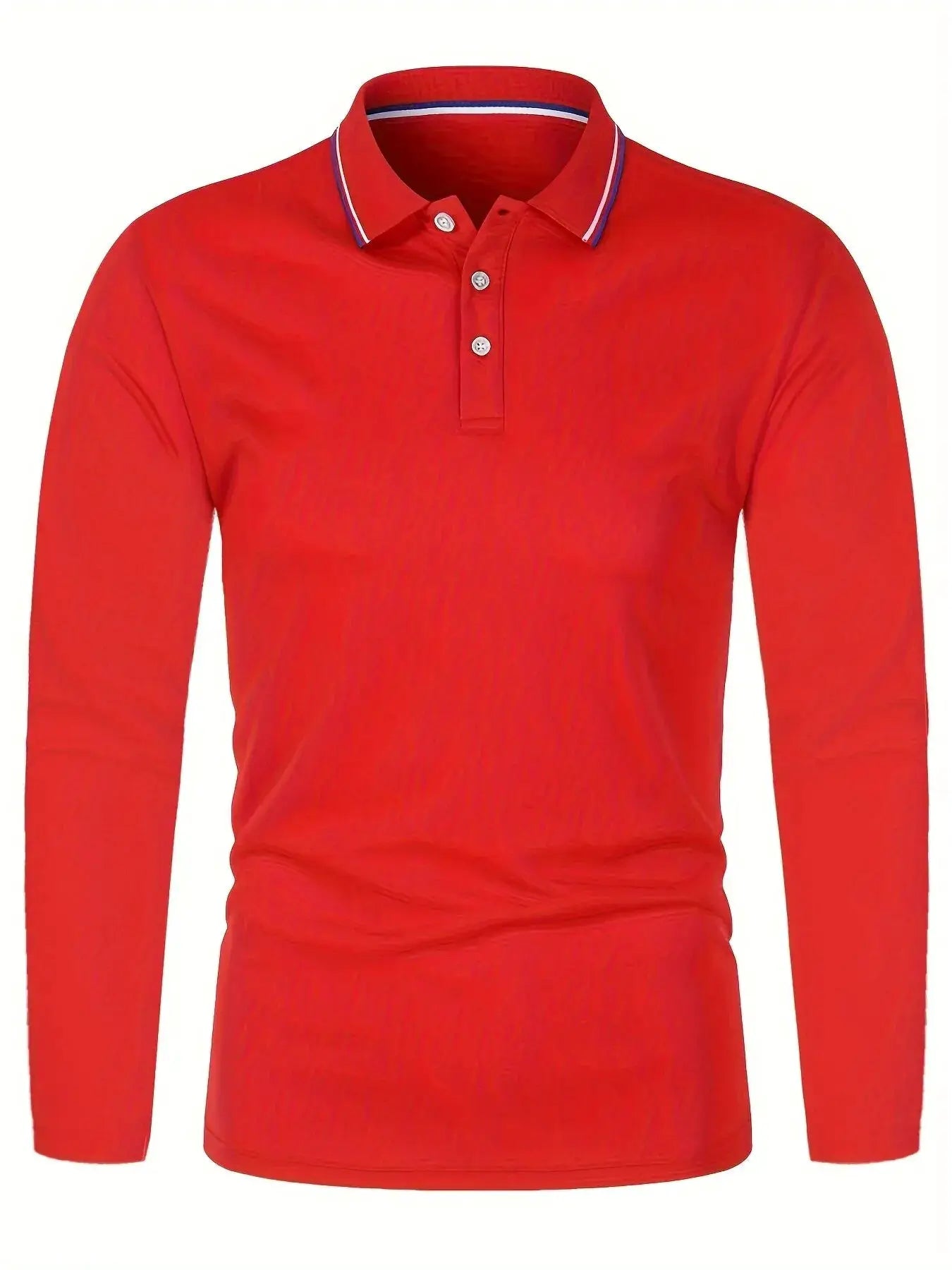 Men's red long-sleeve polo shirt with white and blue striped collar