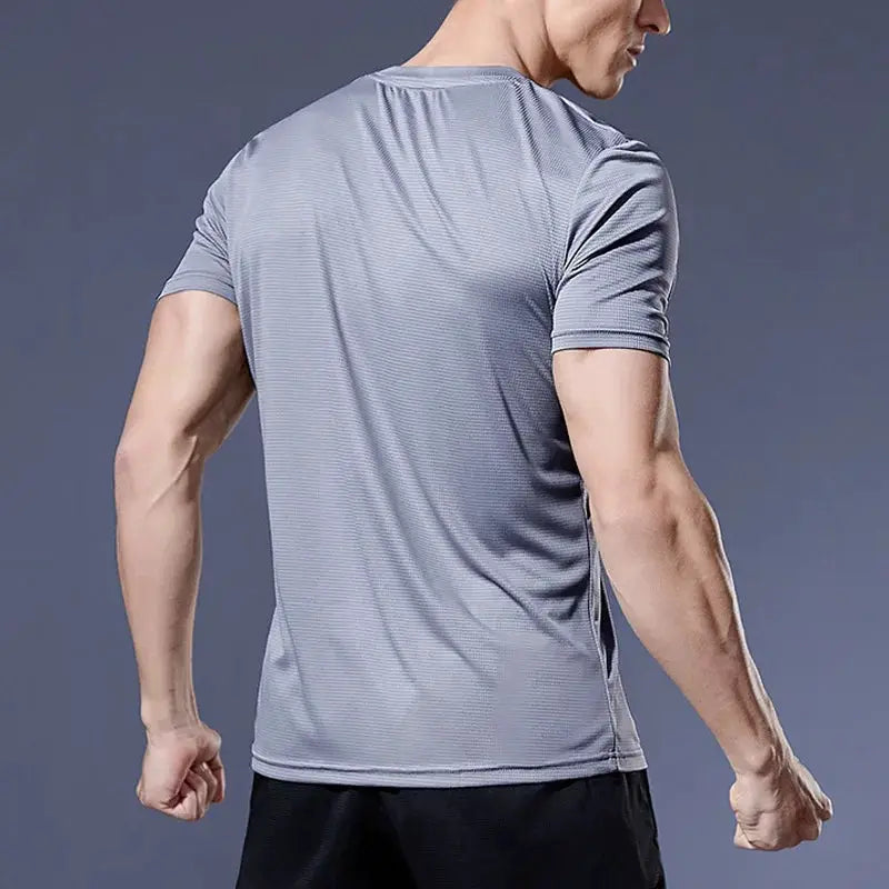 Men's short-sleeve running T-shirt, gray quick-dry compression sport top by Simples Market.