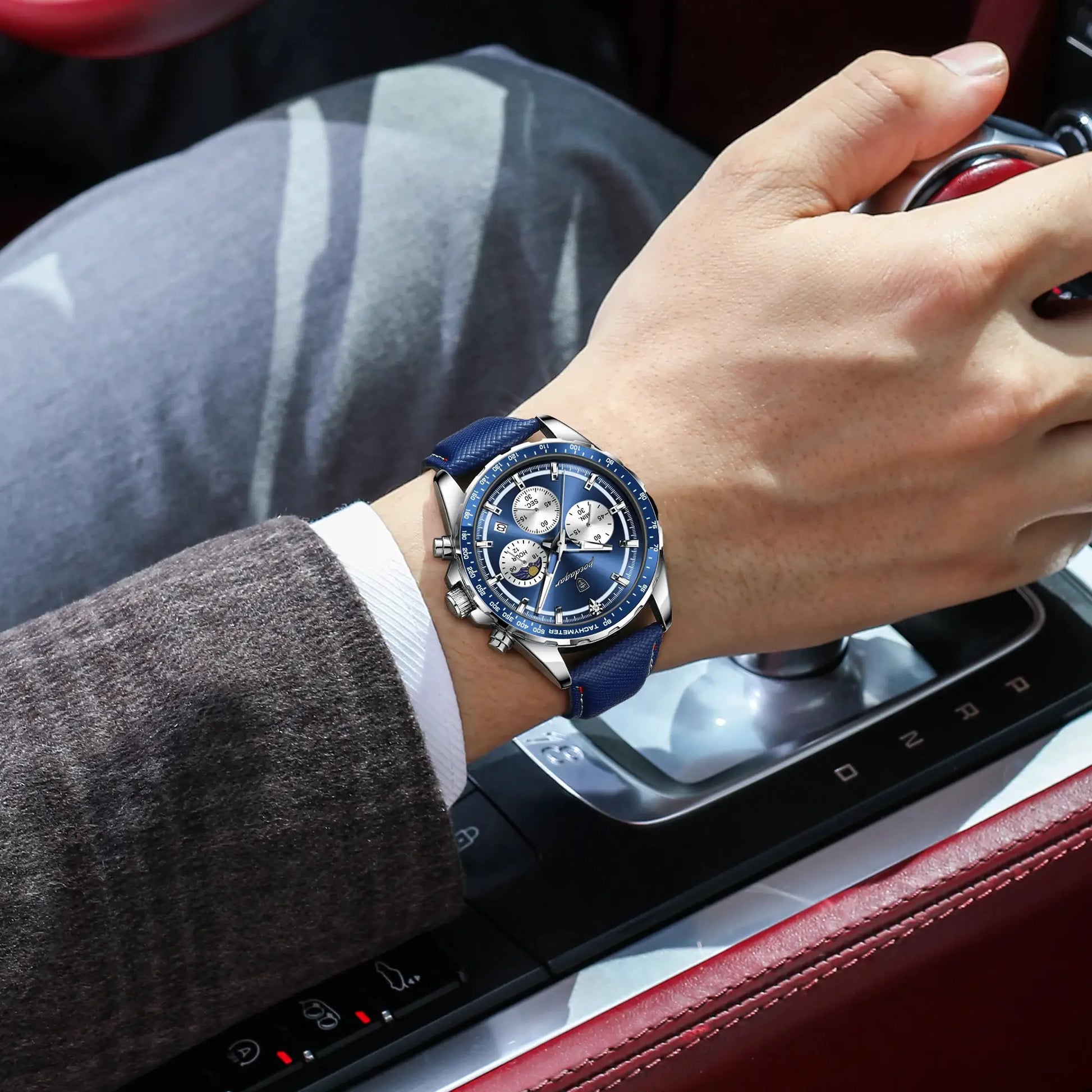 POEDAGAR men's blue chronograph wristwatch with luminous dial and leather strap