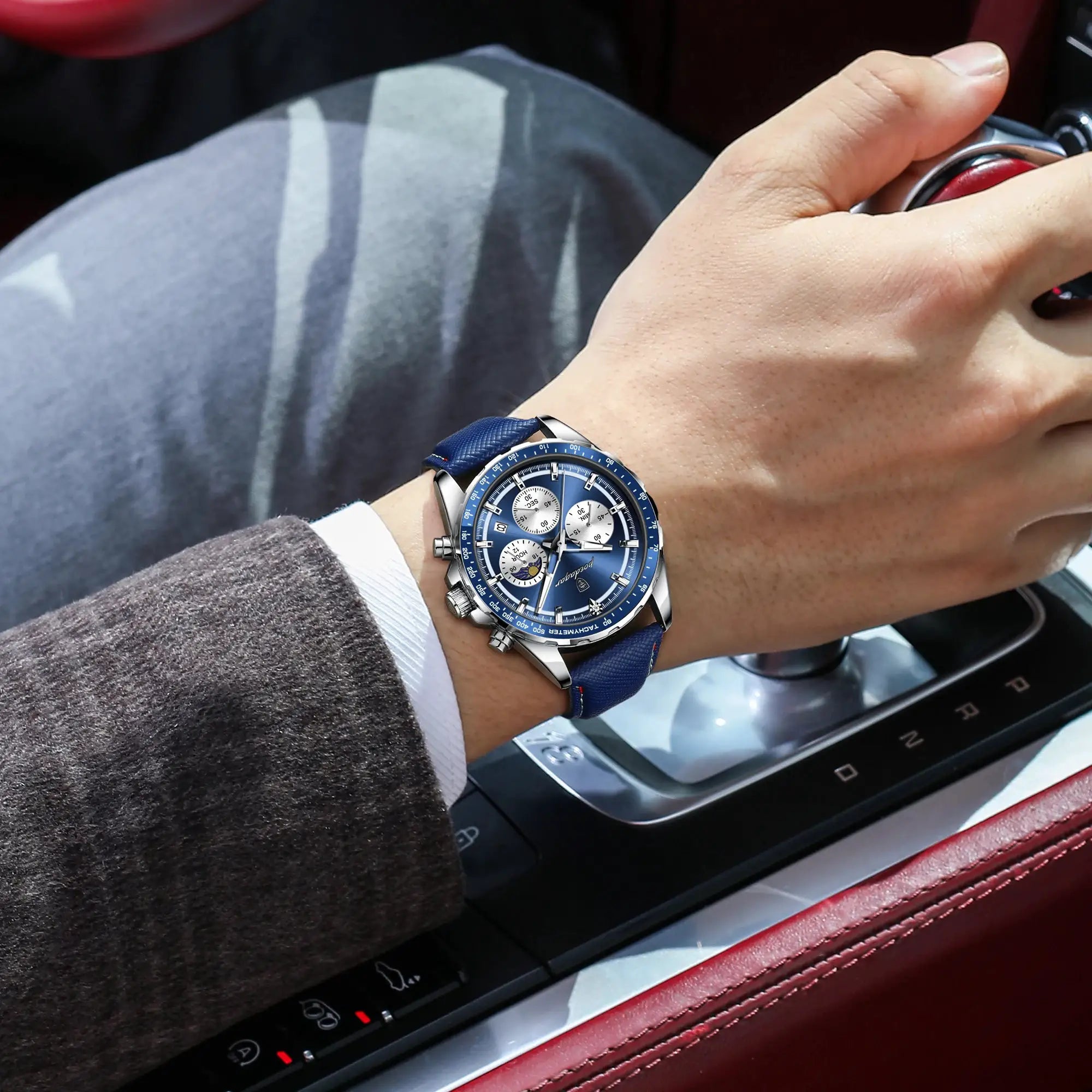 POEDAGAR men's blue chronograph wristwatch with luminous dial and leather strap
