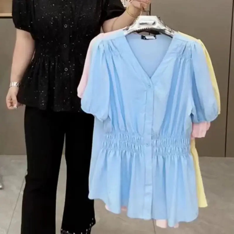 Plus Size Elastic Waist V Neck Puff Sleeve Blouse For Summer