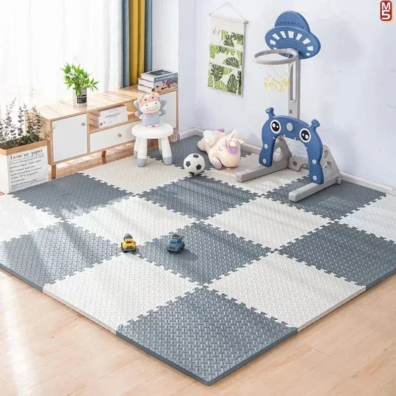 Simples Market EVA foam puzzle exercise mats for home gym; interlocking gray and white tiles with non-slip surface.