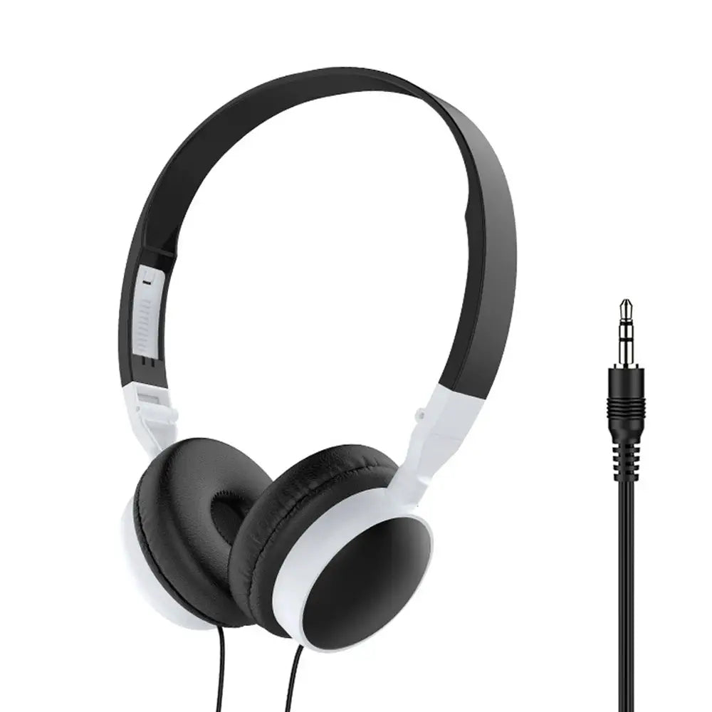 Over-ear wired headset in black and white with 3.5mm plug for computers and gaming