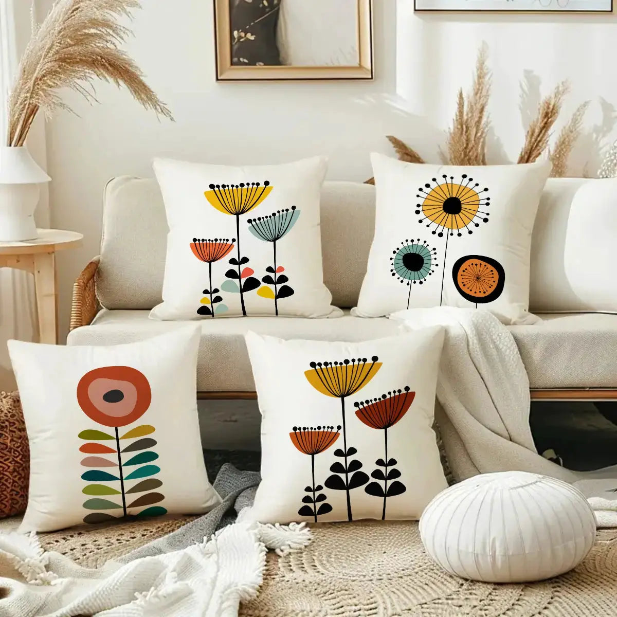 Pillow covers, five-piece set with multicolor floral prints on white for bohemian living room decor