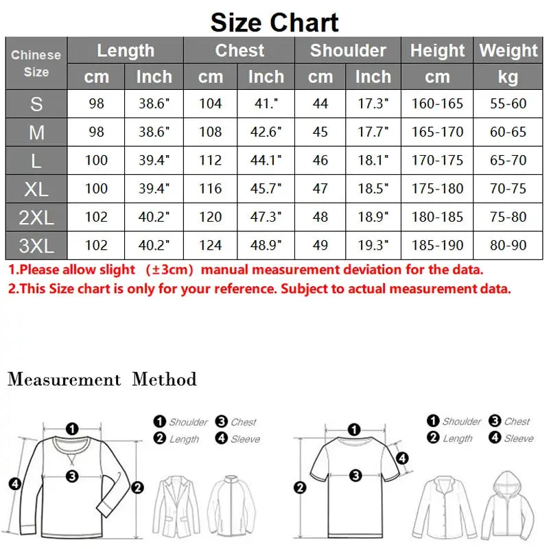 Simples Market winter down jacket size chart; Chinese S–3XL measurements and diagrams.