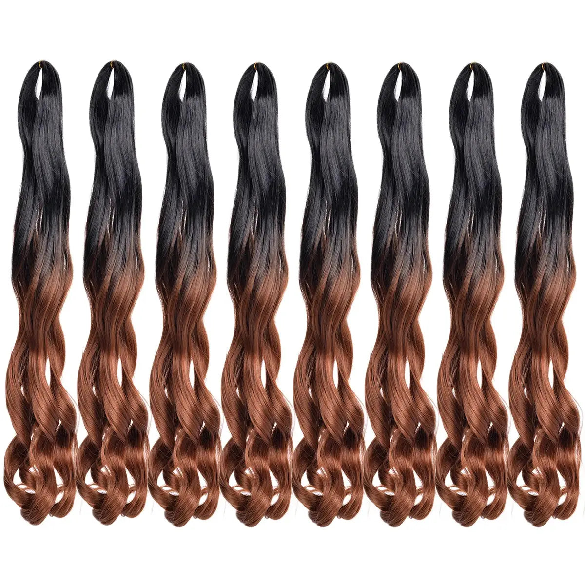 Simples Market French Curls braiding hair bundles, 24-inch synthetic spiral curls, black to brown ombre, nine bundles.