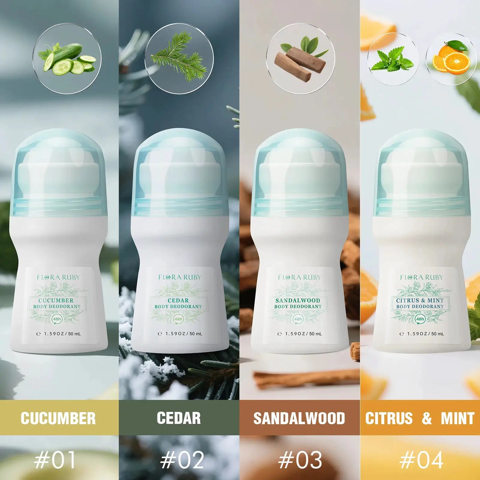 Flora Ruby aluminum-free body deodorant roll-ons by Simples Market; cucumber, cedar, sandalwood, citrus & mint (4-pack)