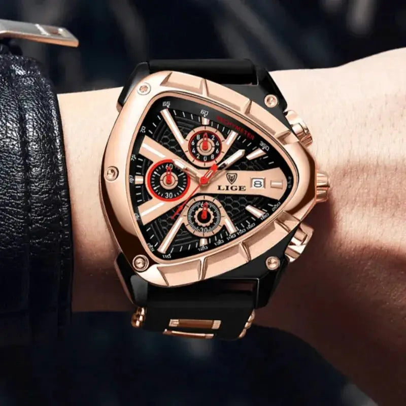 LIGE luxury men's wristwatch with rose-gold case, black dial and strap; multi-dial chronograph, date window