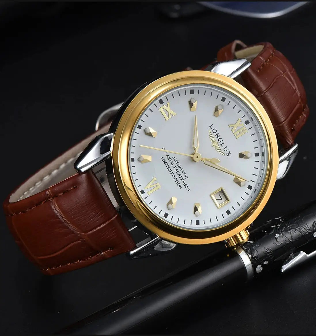 LONGLUX automatic men's wristwatch with gold-tone bezel, white dial, date window, and brown leather strap.