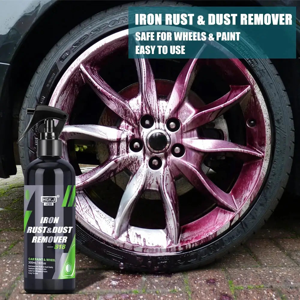 HGKJ iron rust remover spray for wheels; black bottle with green accents beside a purple rim with rust