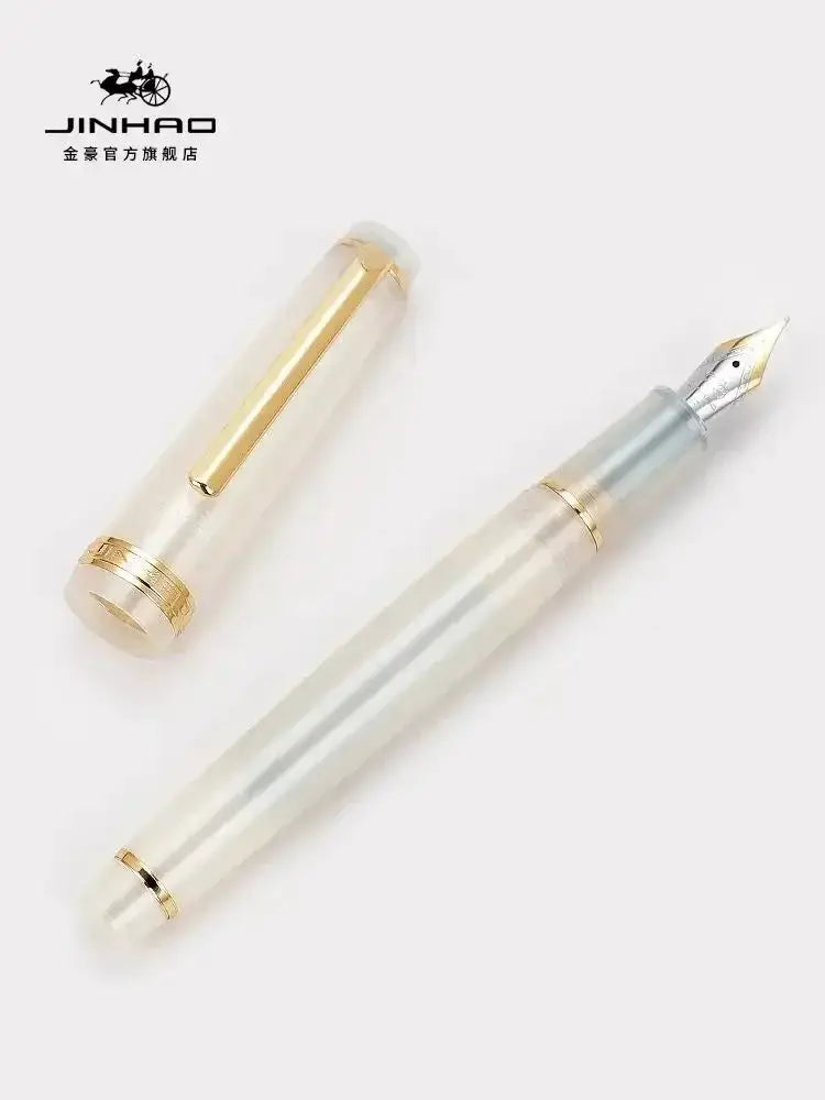 Jinhao 82 fountain pen in translucent white with gold cap and trim, silver nib.