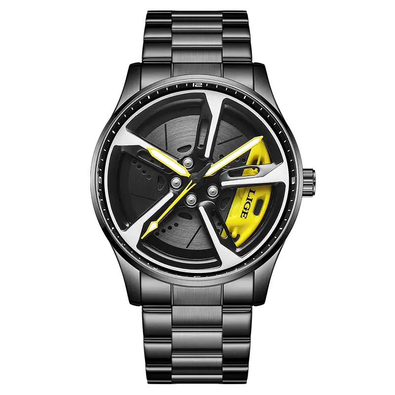LIGE sport watch with car-wheel rim dial, stainless steel bracelet and yellow accents