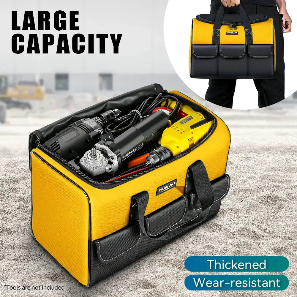 17 Inch Tool Bag by Simples Market, yellow with black base, six exterior pockets, opened with drills and grinder.