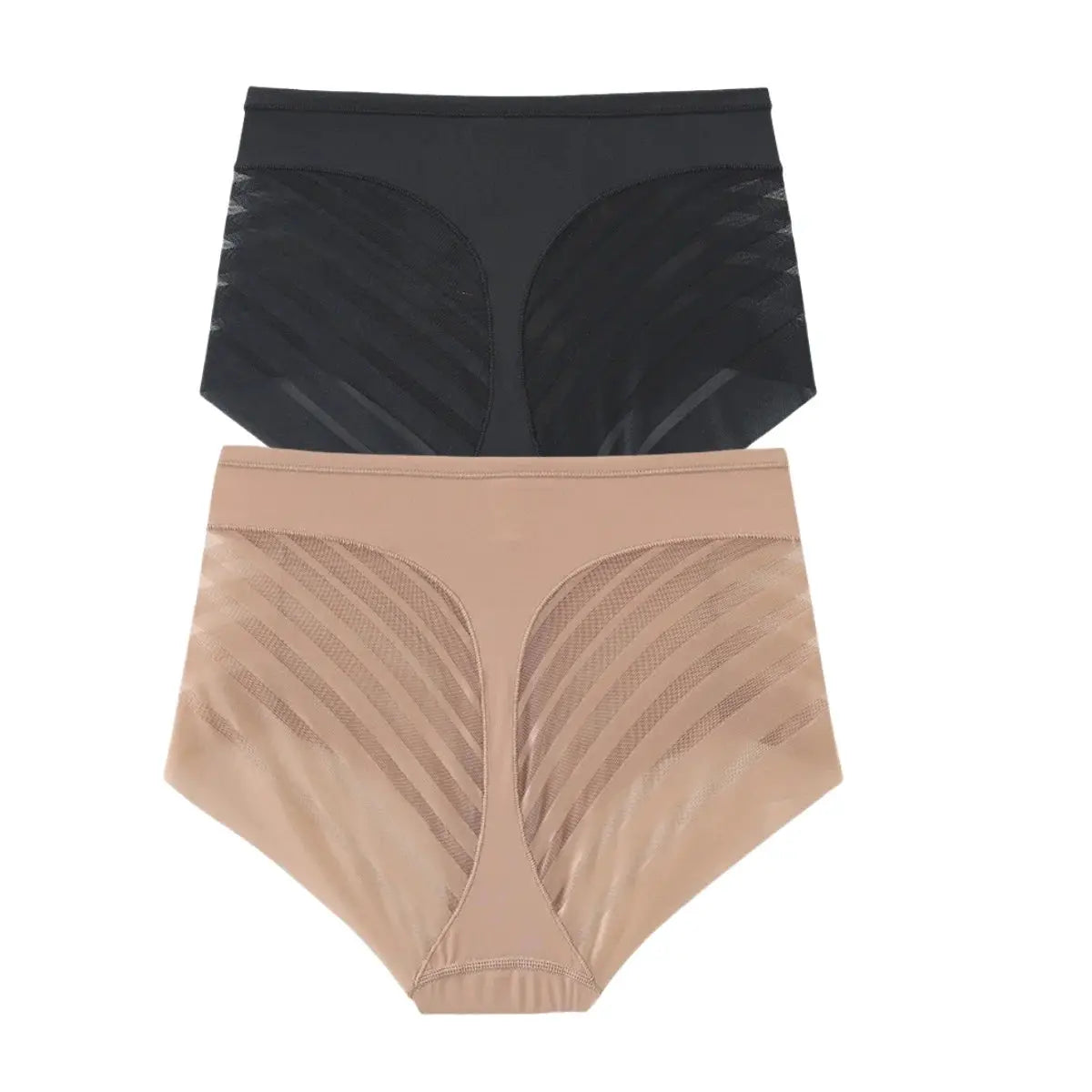 2Pcs ice silk tummy-control panties, black and nude high-waist shaping briefs with mesh panels, Simples Market.