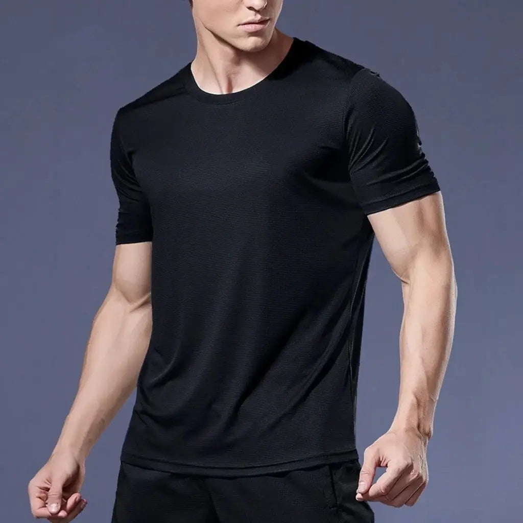 Men's black quick-dry athletic T-shirt, short sleeves, breathable, Simples Market