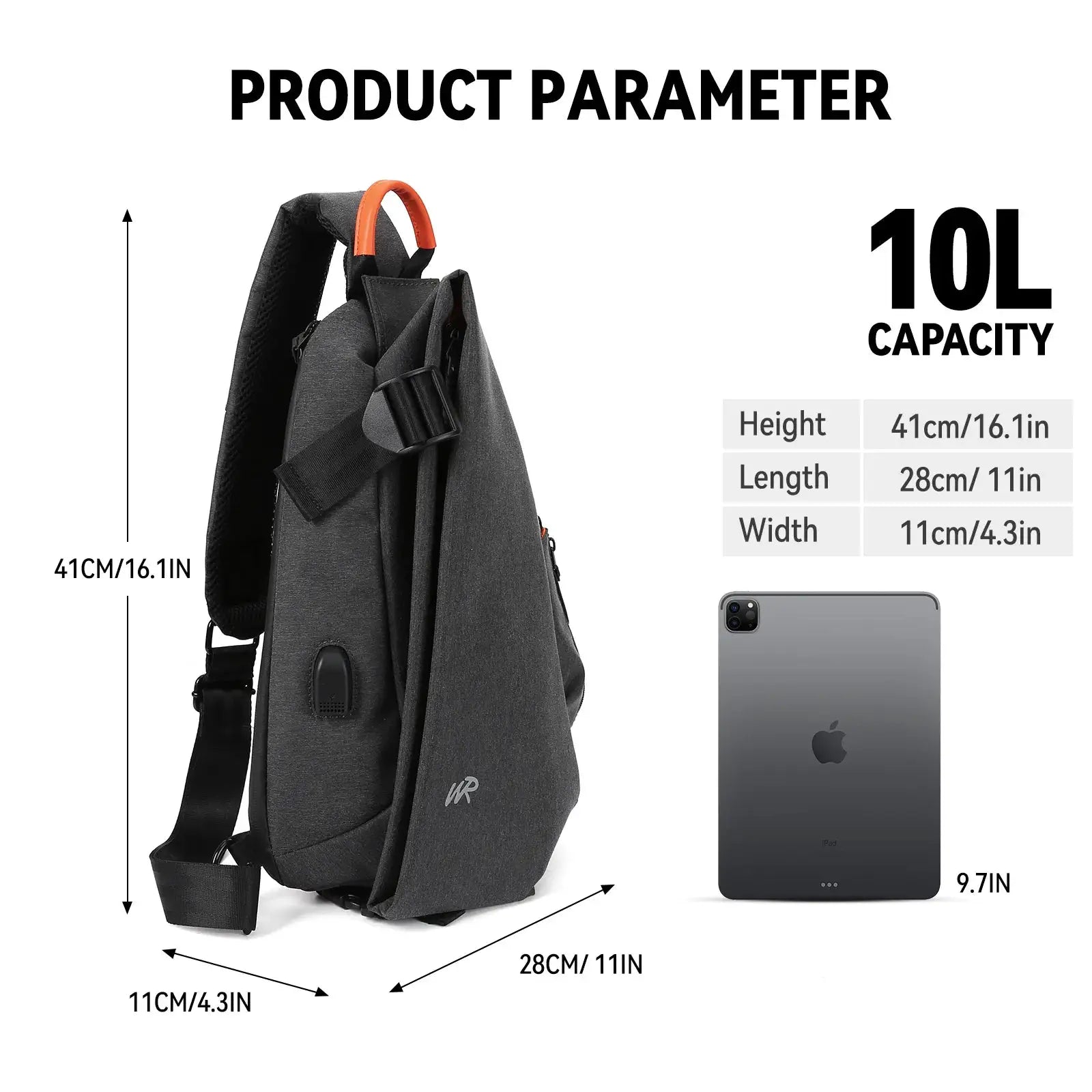 Anti-Theft Crossbody Sling Bag by Simples Market for Men and Women, charcoal gray fabric with orange handle, 10L capacity.