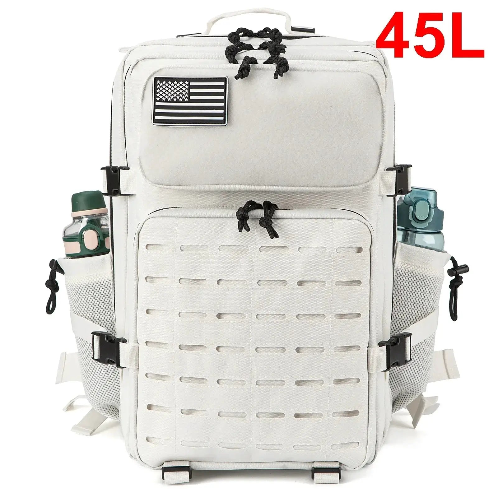 Simples Market 45L white tactical backpack with water bottle pockets and US flag patch