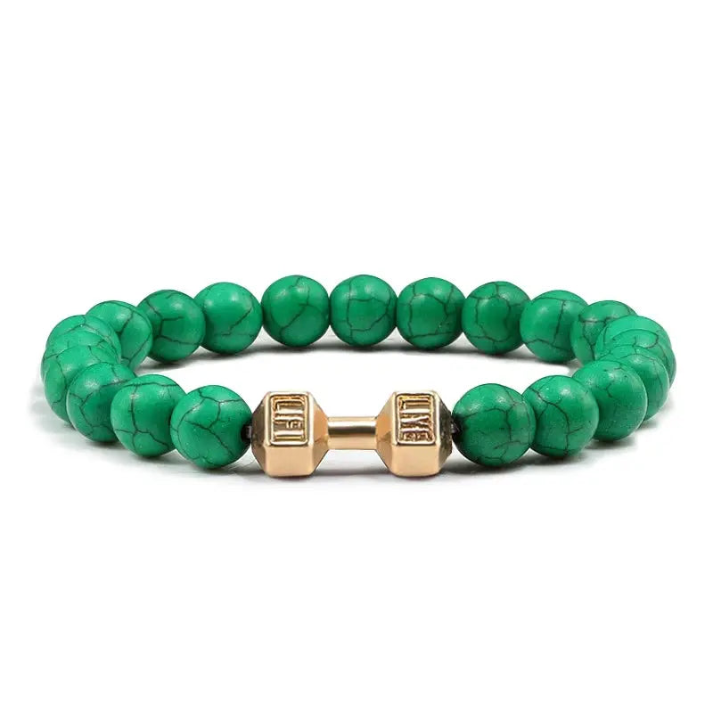 Natural Volcanic Stone Bracelet For Men And Women Matte Black Lava White Beads Dumbbell Charm Strand Fitness Jewelry