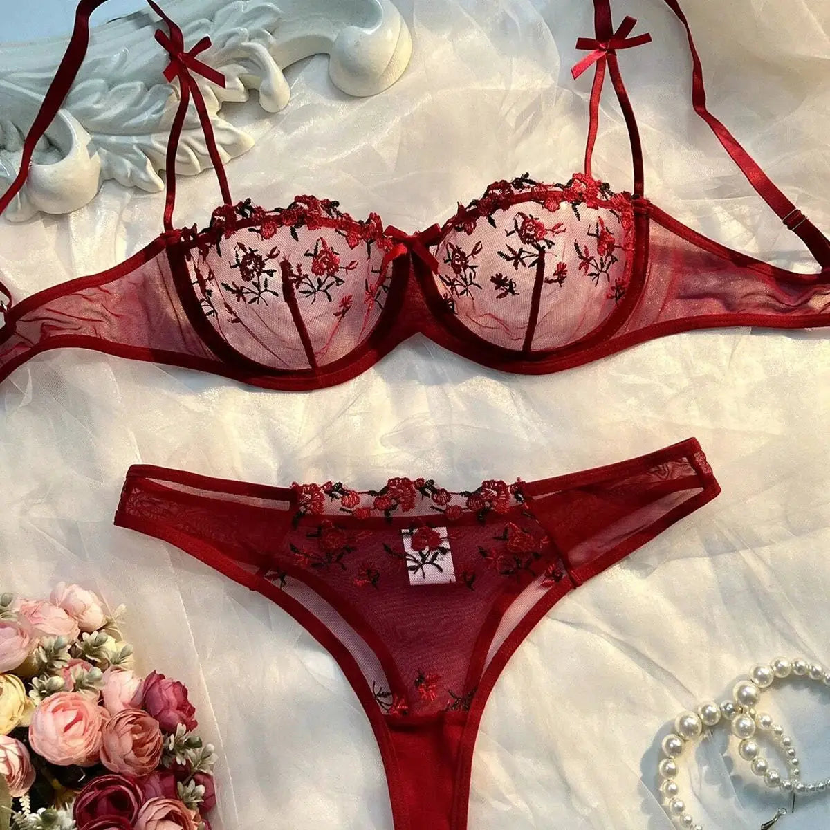 LaceLuxe Sheer Floral Lace Bra And Panty Set Wire Free Half Cup Push Up Comfort Fit