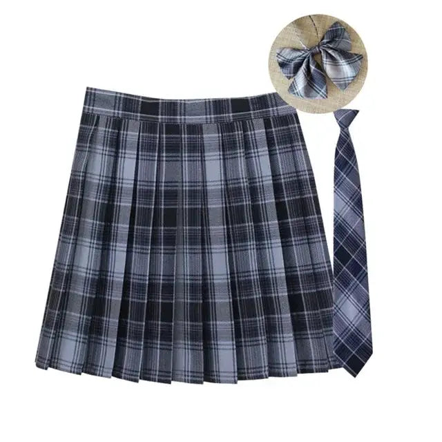 Women plaid pleated mini skirt with necktie bow by Simples Market, gray-blue