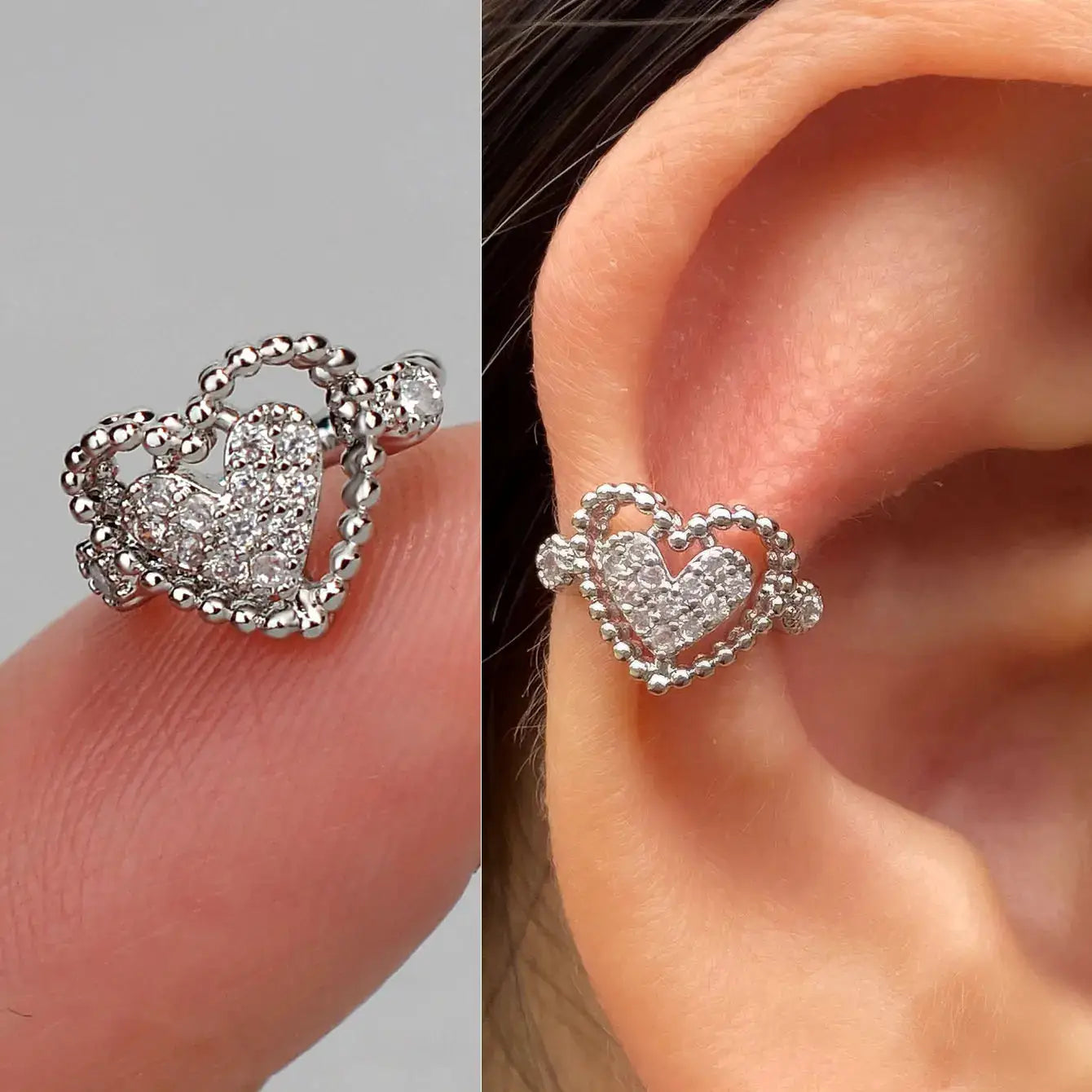 Delicate zircon heart clip-on earring for women; silver-tone with pavé crystals, fake cartilage ear cuff