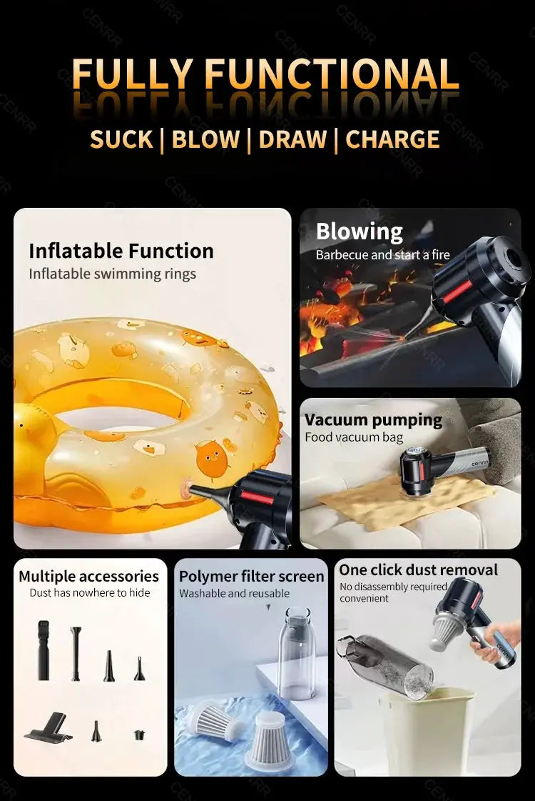CENRR car vacuum cleaner, cordless mini handheld with 998000PA suction and blowing/inflatable function