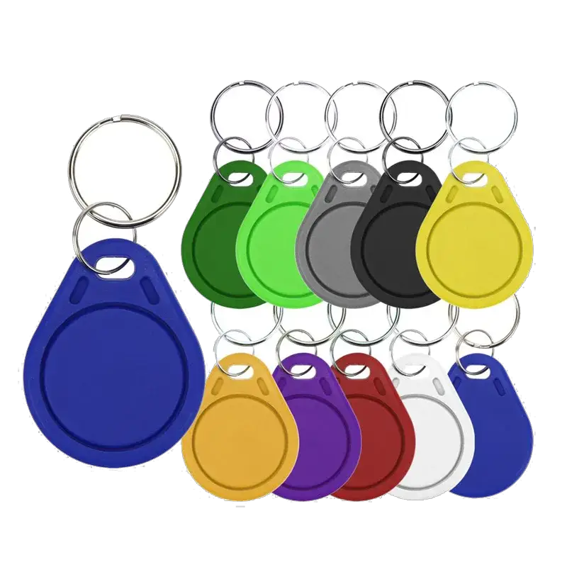 RFID key fob set in assorted bright colors with metal key rings, 12+ pieces