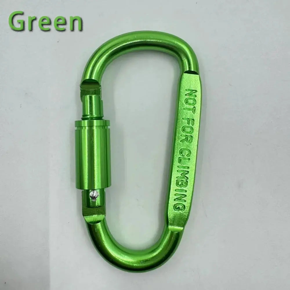 Green aluminum carabiner keychain with locking mechanism, D-shaped for camping and hiking, not for climbing