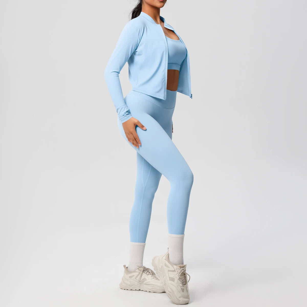3 Piece Yoga Set for Women Sports Bra Zipper Jacket Leggings Gym Wear