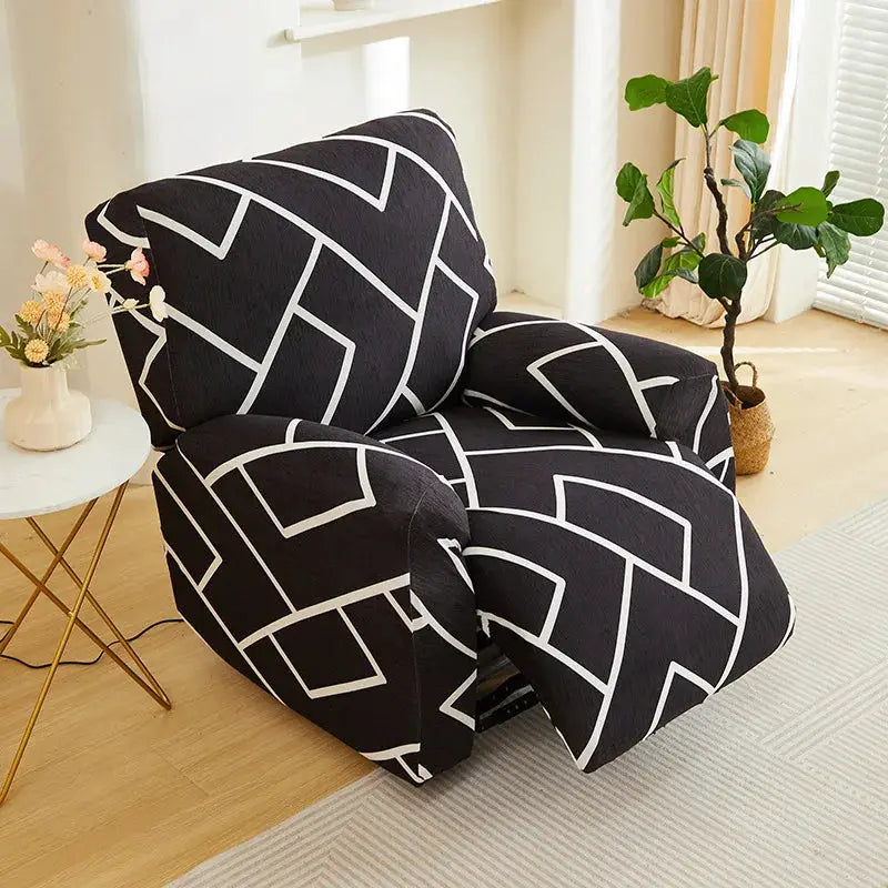 Elastic recliner sofa cover by Simples Market in black with white geometric pattern on an armchair.