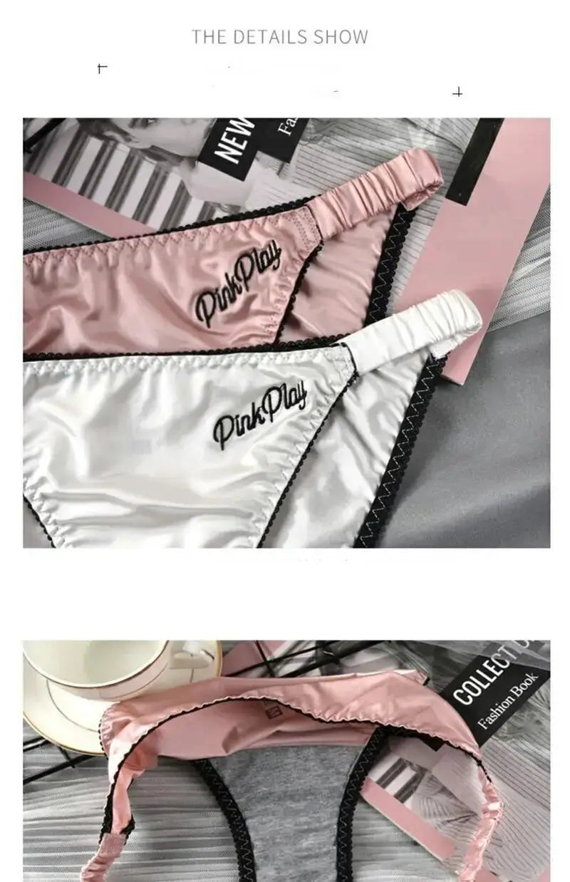 Girls satin panties set: two pink and white briefs with black lace trim and PinkPlay embroidery, elastic waistband