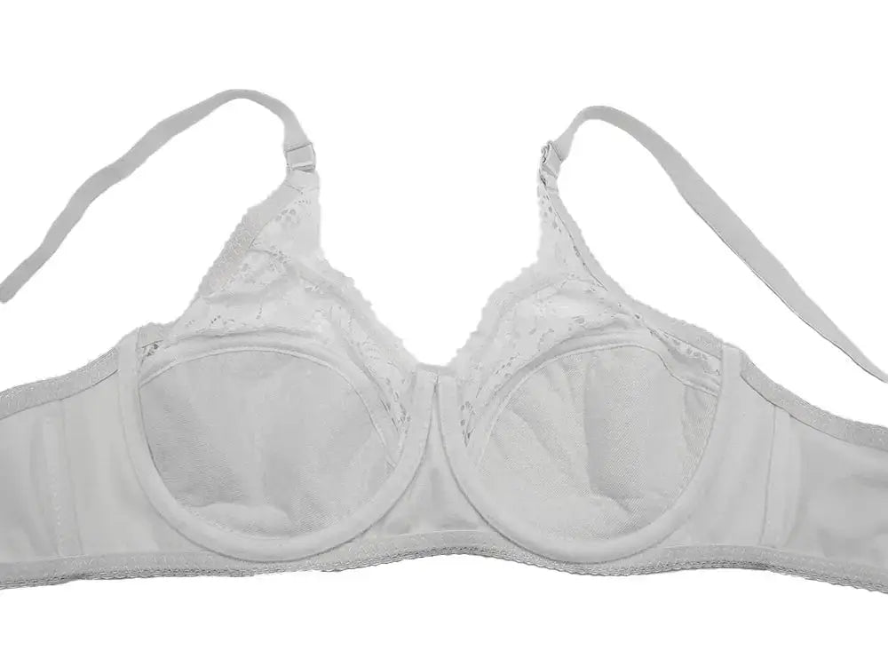 Lace full-cup underwire bra in white with floral detailing and adjustable straps