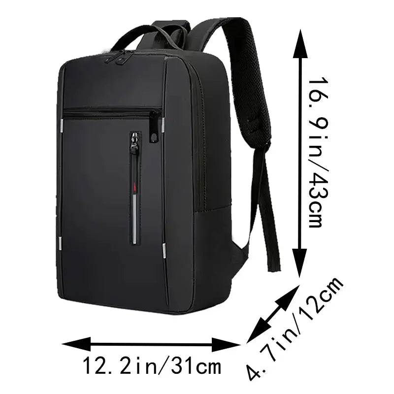 Neutral-style black schoolbag with front zip pocket for men and women, ideal for business and travel.