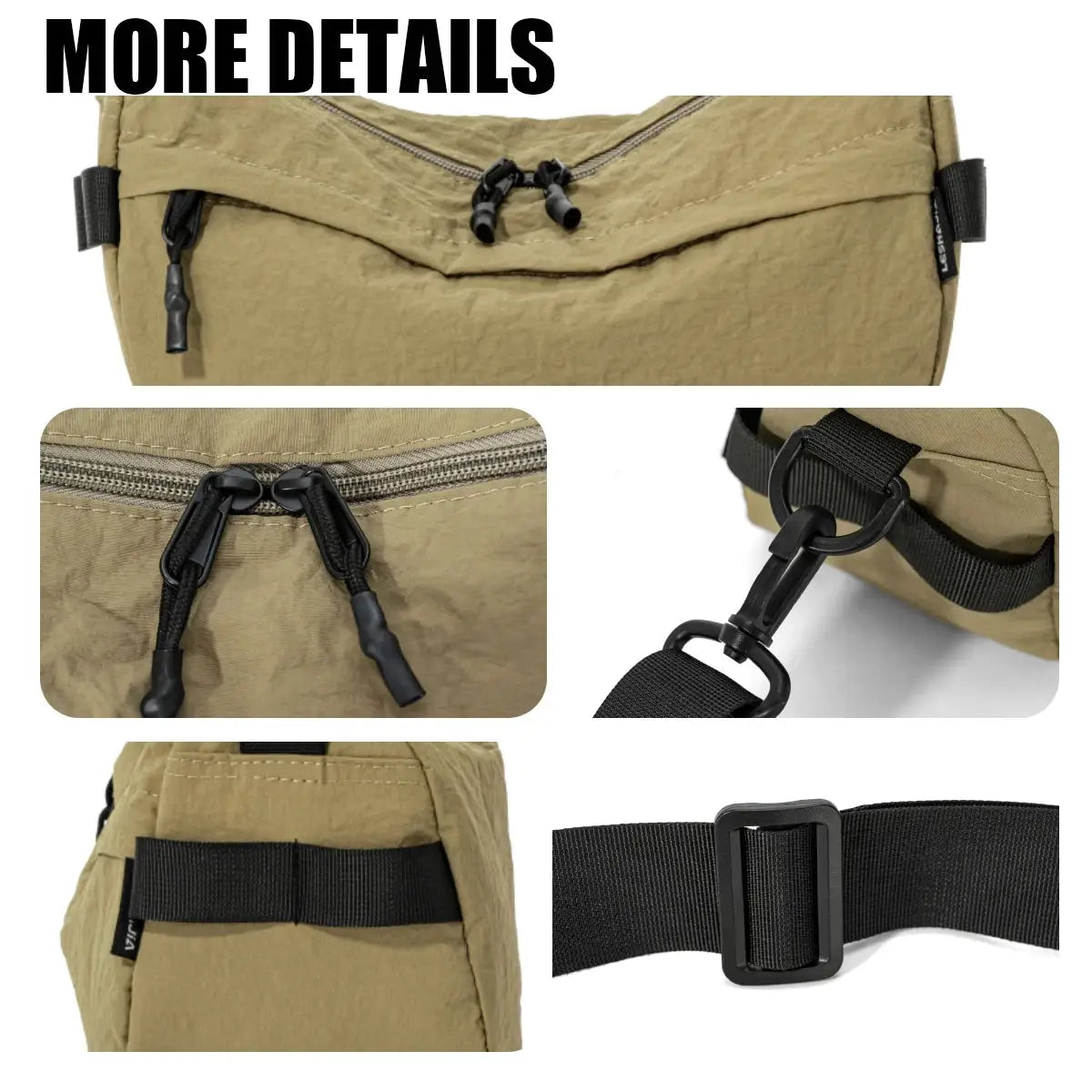 Japanese-Style waterproof lightweight nylon crossbody bag; tan, multi-pocket, unisex phone bag by Simples Market.