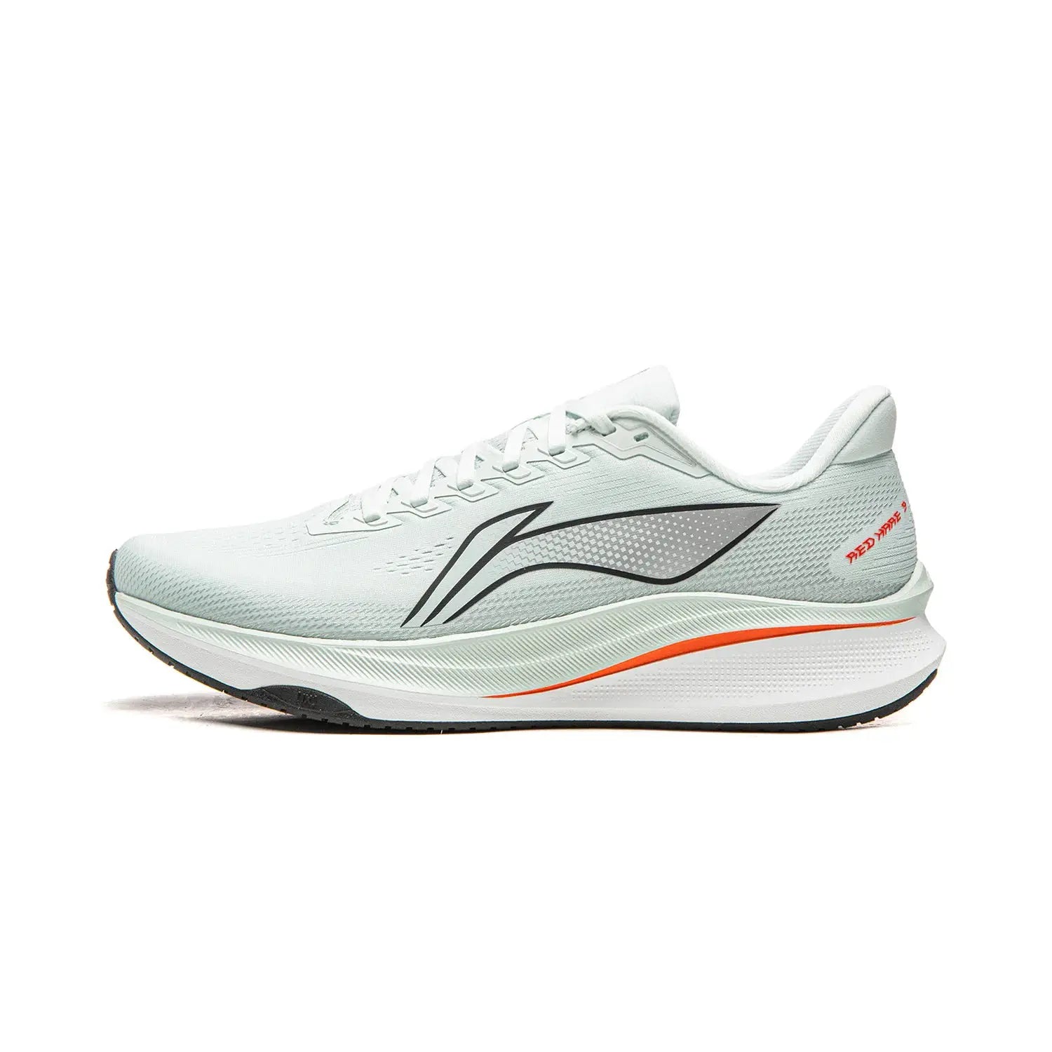 Li-Ning men's Red Hare 9 racing running shoe with lightweight foam sole, white/gray upper, orange accent